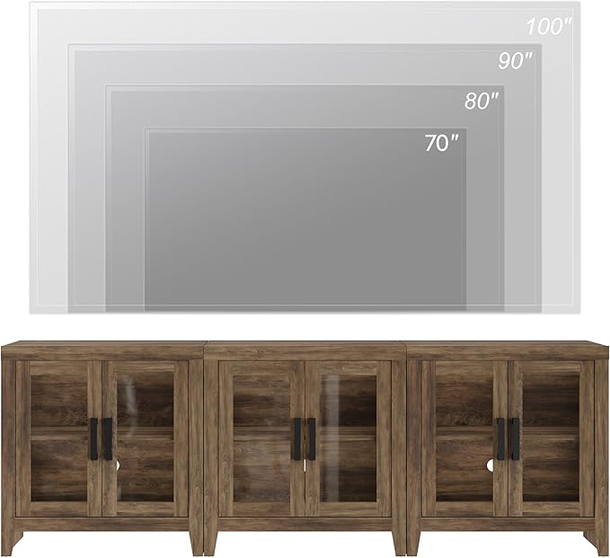 WAMPAT Farmhouse TV Stand for TVs up to 85”, Rustic Wood Entertainment Center with Adjustable Shelf, Glass Doors & Storage, Media Console Cabinet for Living-Room, Bedroom, Brown