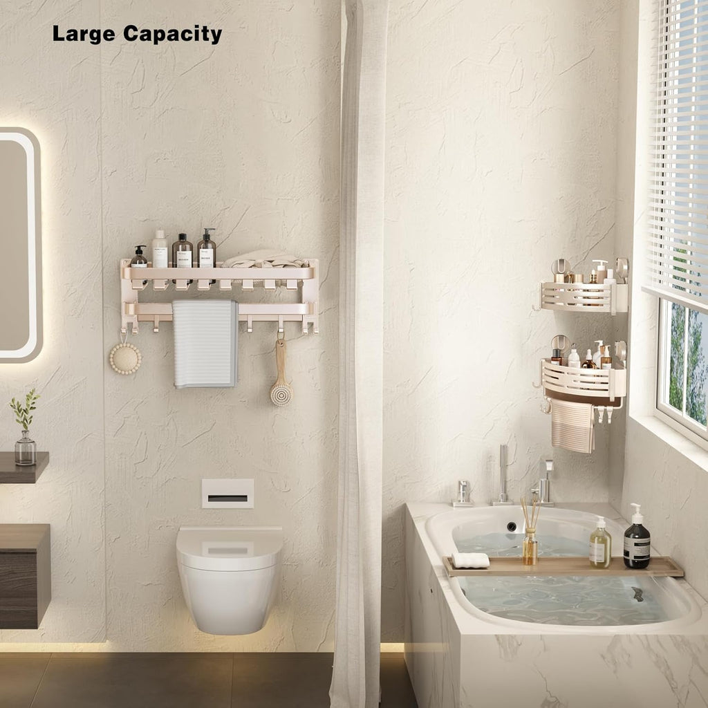 VOLPONE Corner Shower Caddy Suction Cup Shower Shelf Corner No Drilling Bathroom Shower Organizer Storage Rack Adhesive with Towel Bar Hooks(1-Pack, Ivory)