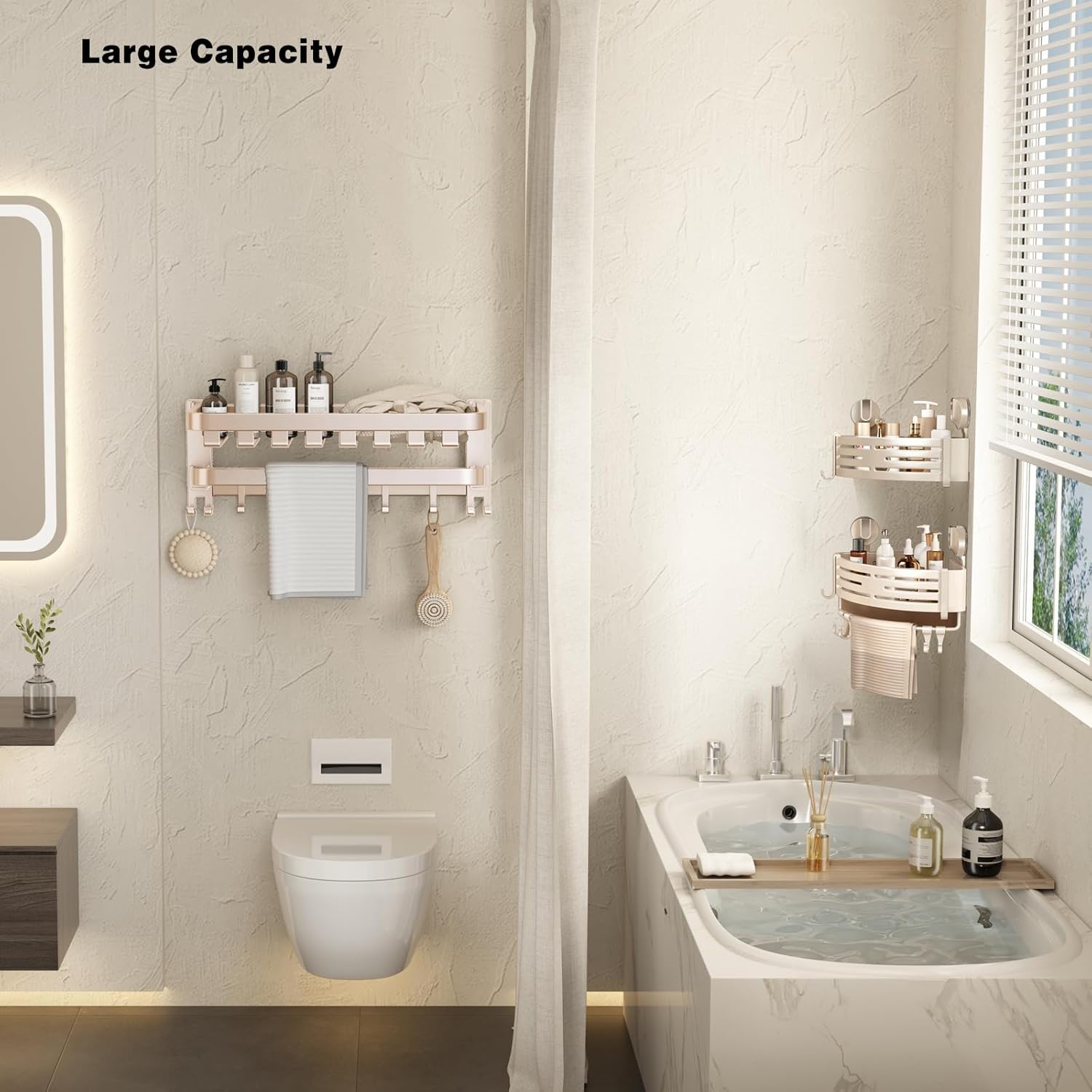 VOLPONE Corner Shower Caddy Suction Cup Shower Shelf Corner No Drilling Bathroom Shower Organizer Storage Rack Adhesive with Towel Bar Hooks(3-Pack, Ivory)