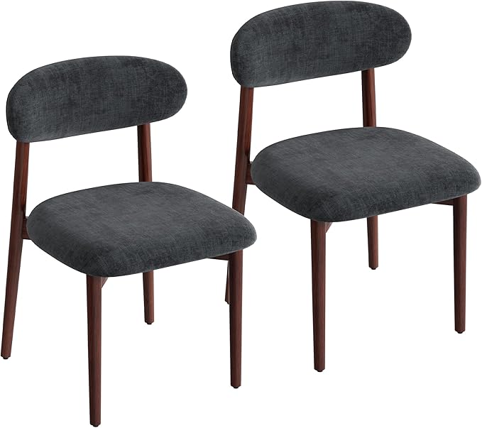 Wooden Dining Chair Set of 2, Modern Dining Chairs with with Curved Back, Fabric Upholstered Kitchen Dining Room Chairs with Adjustable Legs for Farmhouse Dining Living Room,Dark Grey