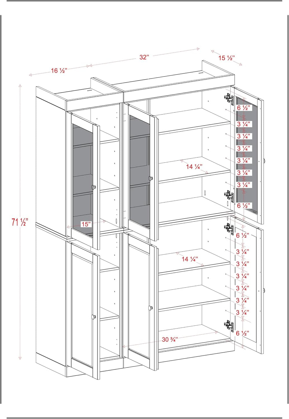 Palace Imports 100% Solid Wood 48.5"" Pantry China Cabinet with Rai...