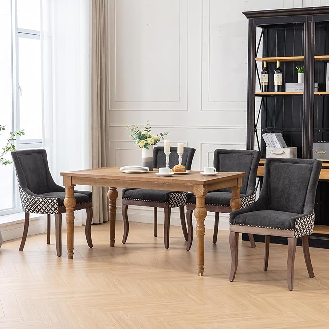 Dining Chairs Set of 4, Kitchen & Dining Room Chairs, Fabric Upholstered Dinning Chairs, Sillas De Comedor, Nailhead Trim, Wood Legs (Black, Pattern, 4 Pcs)