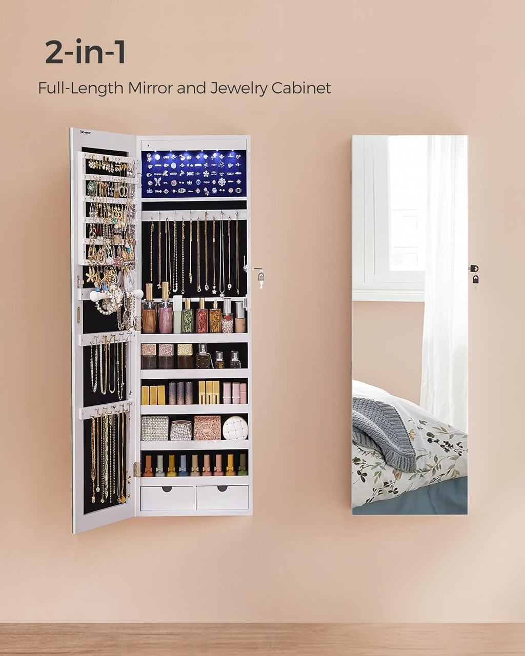 SONGMICS Hanging Jewelry Cabinet, Wall-Mounted Cabinet with LED Interior Lights, Door-Mounted Jewelry Organizer, Full-Length Mirror, Christmas Gift Idea, White UJJC99WT
