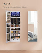 SONGMICS Hanging Jewelry Cabinet, Wall-Mounted Cabinet with LED Interior Lights, Door-Mounted Jewelry Organizer, Full-Length Mirror, Christmas Gift Idea, White UJJC99WT