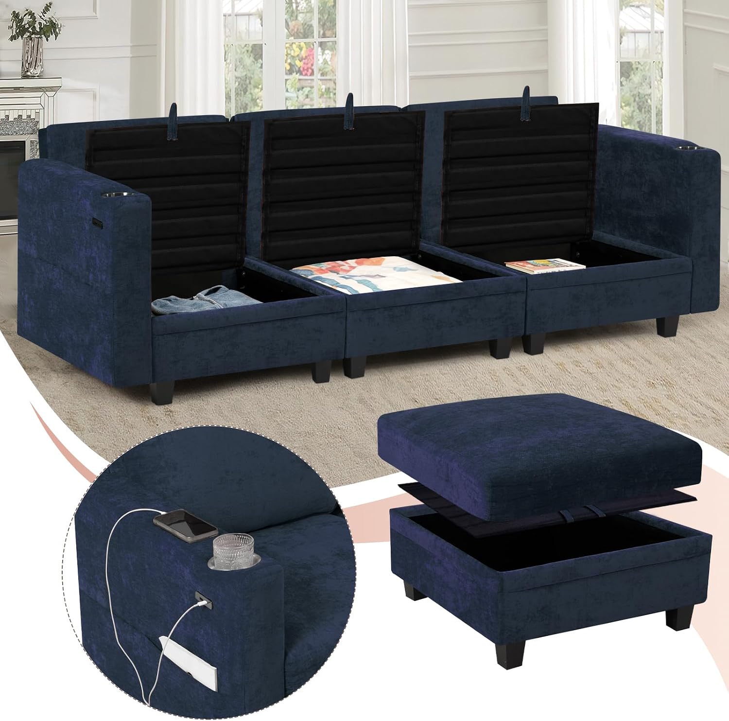 86" Chenille L-Shape Sofa w/& Adjustable Backrests, Blue | Upholstery 3-Seats Sofa w/Movable Storage Ottomans & Cup Holders, Modern Sectional Couch w/Charging Ports for Living Room