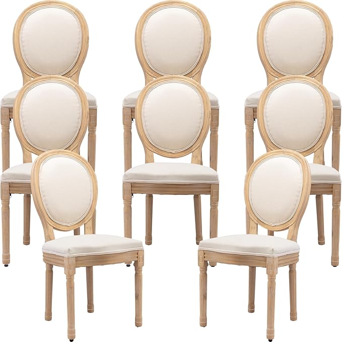 French Country Dining Chairs Set of 8, Cream Kitchen & Dining Room Chairs Set of 8, Ivory Linen Upholstered Dining Chairs,Sillas De Comedor,Wood Legs (Fabric, Beige, 8Pcs)