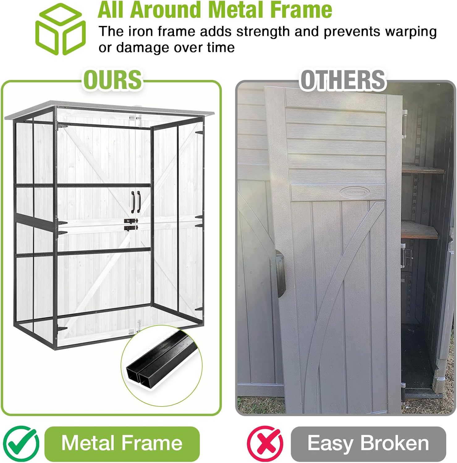 GUTINNEEN Outdoor Storage Cabinet Durable Metal Frame and Solid Wood Vertical Tool Shed with 3 Adjustable Height Shelves and Bottom Floor for Patio, Garden, Backyard, 55" L x 29" W x 67" H
