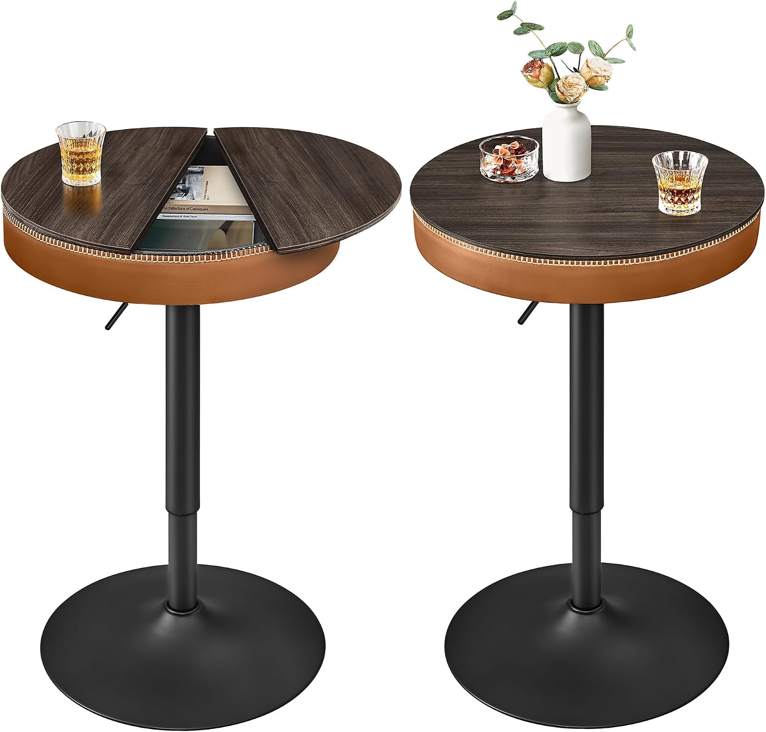 VASAGLE EKHO Collection - Height Adjustable Bar Table Set of 2, Round High Pub Tables with Storage, Synthetic Leather with Stitching, Mid-Century Modern, Kitchen Home Bar, Ash Brown and Caramel Brown