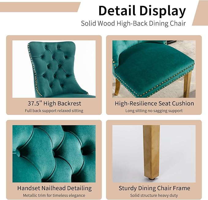 Luxury Upholstered Dining Chairs Set of 8, Green Kitchen Chair with Golden Me...