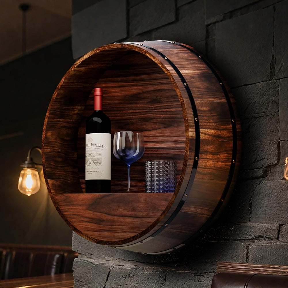 Whiskey Barrel Decor, Bourbon Whiskey Barrel Shelf, Wall Mount Wine Rack | Ru...