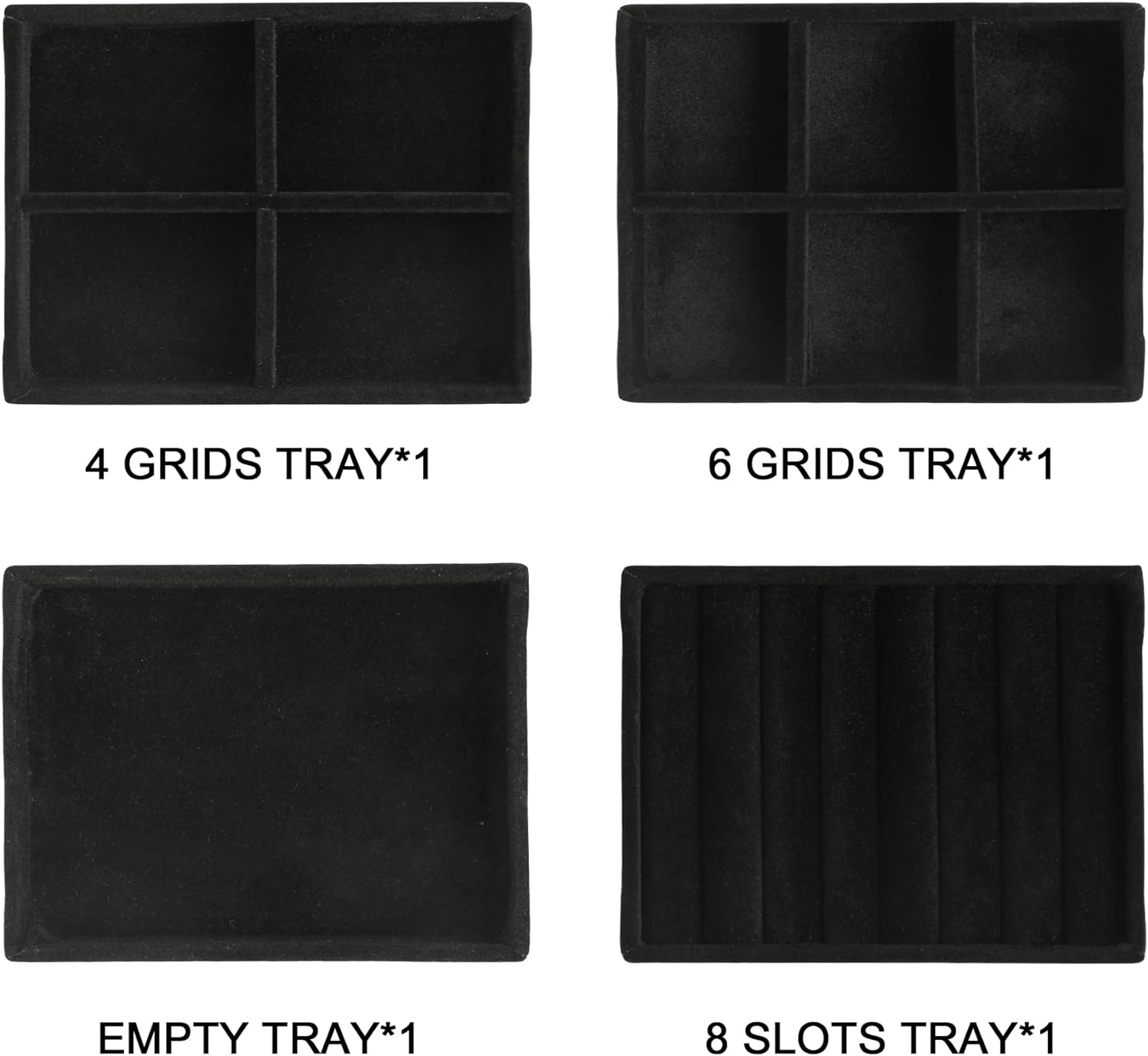 Frebeauty Small Jewelry Tray Set,Stackable Velvet Jewelry Organizer Tray,Mini Jewelry Drawer Organizer,Drawer Inserts,4.92 x 3.74 x 0.9 Inches,Earring Organizer for Women(Set 4,Black)