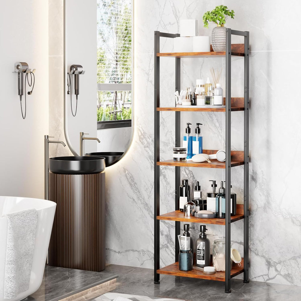 Furologee 5 Tier Bookshelf with Drawer, Tall Narrow Bookcase with Shelves, Wo...