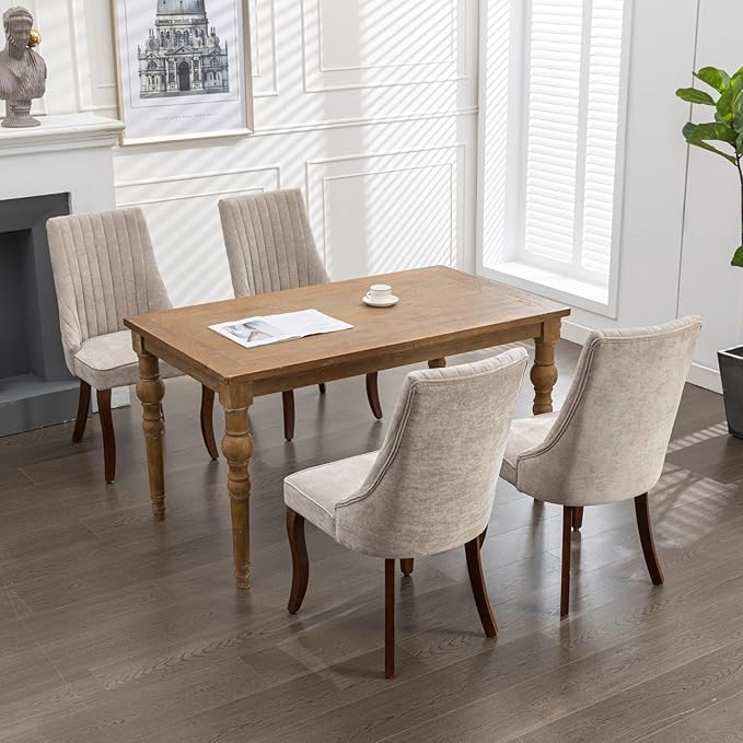 Dining Chairs Set of 4,Comfy Fabric Upholstered Accent Chairs for Kitchen Living Room,Channel Tufted Dining Room Chairs with Curved Solid Wood Legs(Beige)