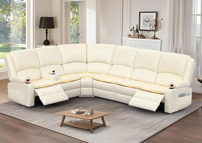 Manual Reclining Sectional Sofa Set, 6 Seats Soft Leather Recliner Corner Sectional Couch, Family-Sized L-Shaped Recliner Couch with USB Charging, Thickened Padding, Sturdy Frame, White
