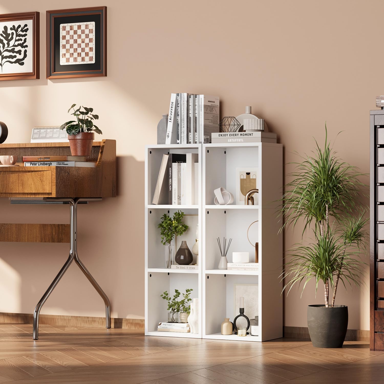 oneinmil Small Narrow Bookshelf, 3-Tier Cube Display Rack, Modern Corner Bookshelf with Storage Space, CD Storage Cabinet for Home Office (White 1 Pack, 3-Tier)