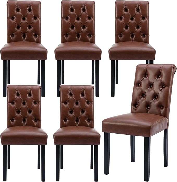 Faux Leather Dining Chairs Set of 6 Upholstered Dining Room Chairs Modern Tufted Accent Chairs Wooden Parsons Side Chairs for Home Kitchen Resturant, Brown