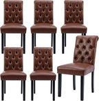 Faux Leather Dining Chairs Set of 6 Upholstered Dining Room Chairs Modern Tufted Accent Chairs Wooden Parsons Side Chairs for Home Kitchen Resturant, Brown