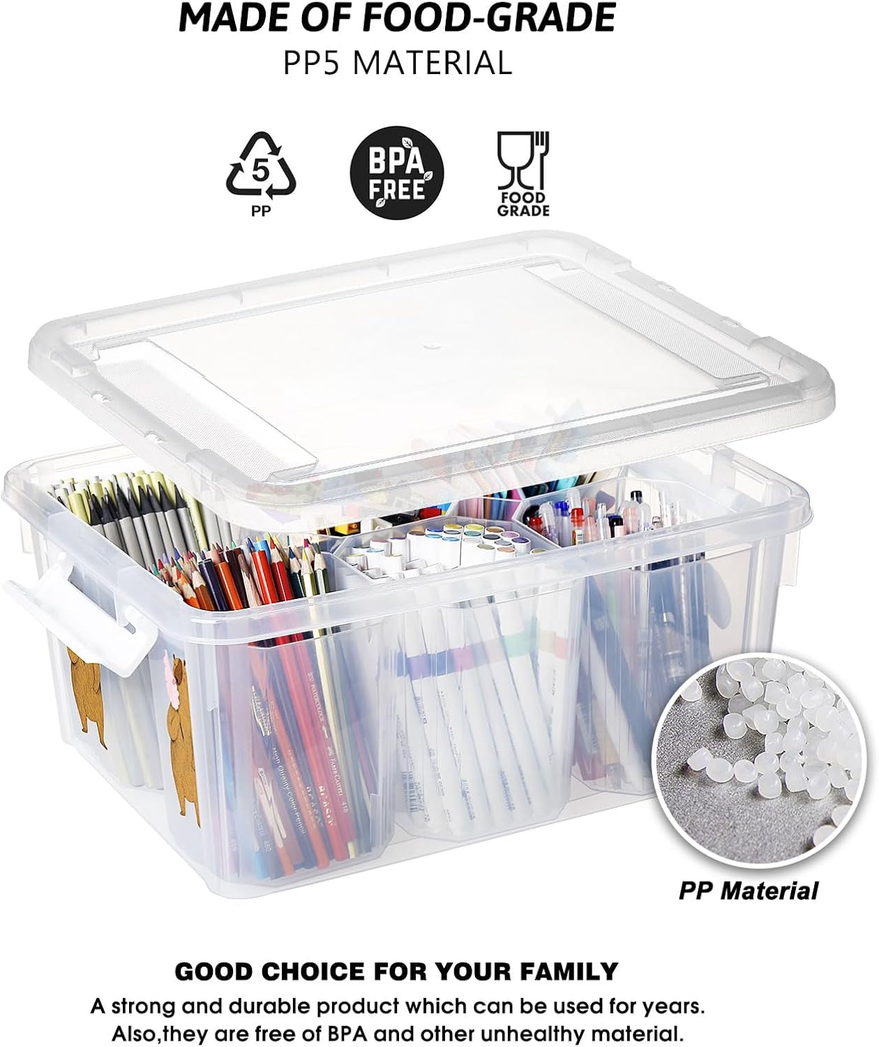 loobuu 17QT Plastic Storage Bins with Lids - 1 Pack Art Craft Supply Organizer Box with Brush Pot for Kids, Stackable Clear Pen Container for Toy/Sewing/Comestic/Tool/Playdoh (1 Pack)