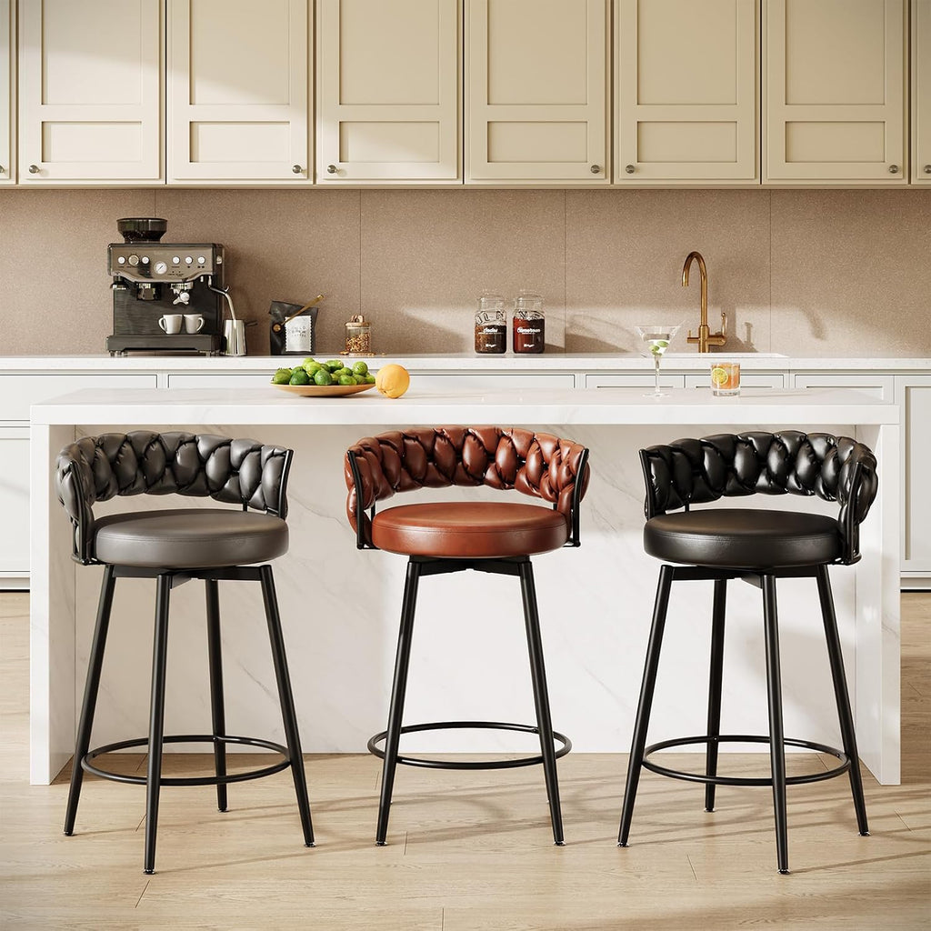 26" Counter Height Bar Stools Set of 2, Premium Faux Leather Barstools | Upholstered 360°Swivel Bar Chairs with Woven Backs Support & Heavy Duty Metal Legs for Kitchen Counter, Dark Grey