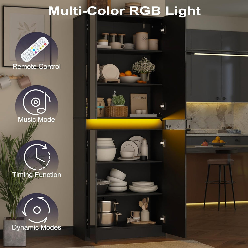 Furnify 71" Tall Pantry Storage Cabinet, Kitchen Pantry with High Gloss Doors, Modern Buffet Hutch Cabinet with Led Light and Adjustable Shelves for Dining Room, Living Room, Black