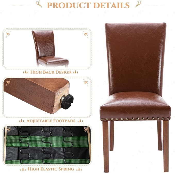 Parsons Dining Chairs Set of 2, Upholstered Nailhead PU Leather Dining Room Kitchen Side Chair with Thick Cushions and Wood Legs, Light Brown