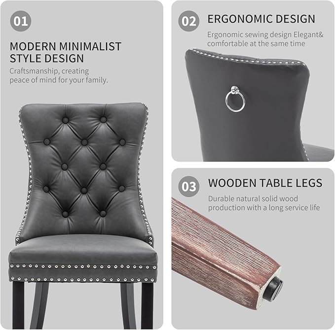 Leather Dining Chairs Set of 2, Upholstered Dining Room Chairs with Nailhead Trim, Sillas de Comedor Modernas 2, Wooden Kitchen Chairs for Dining Room, Living Room, Kitchen, Bedroom, Grey