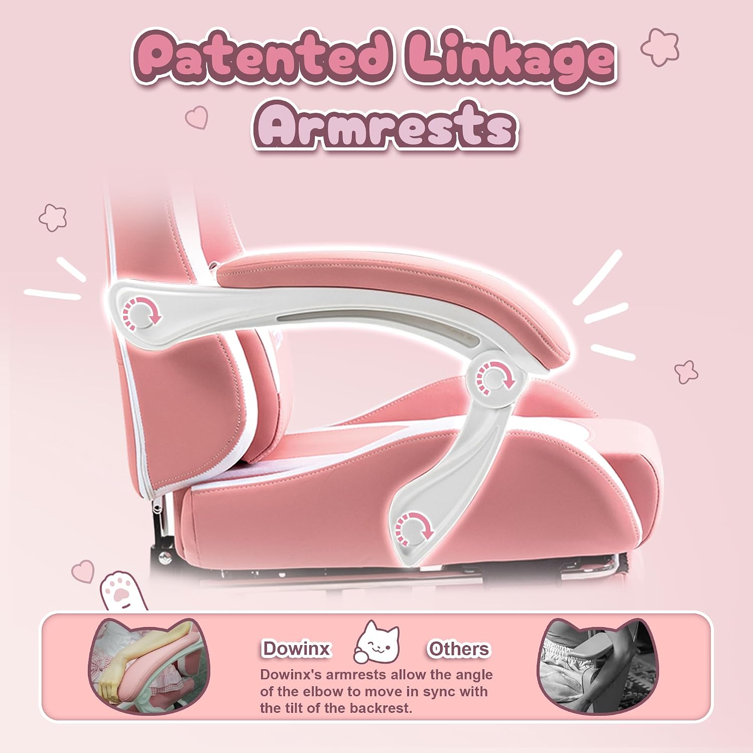 Dowinx Pink Gaming Chair with Cat Ears and Massage Lumbar Support, Ergonomic Computer Chair with Footrest and Headrest, Comfortable Reclining Game Chair 290lbs for Adults, Pink