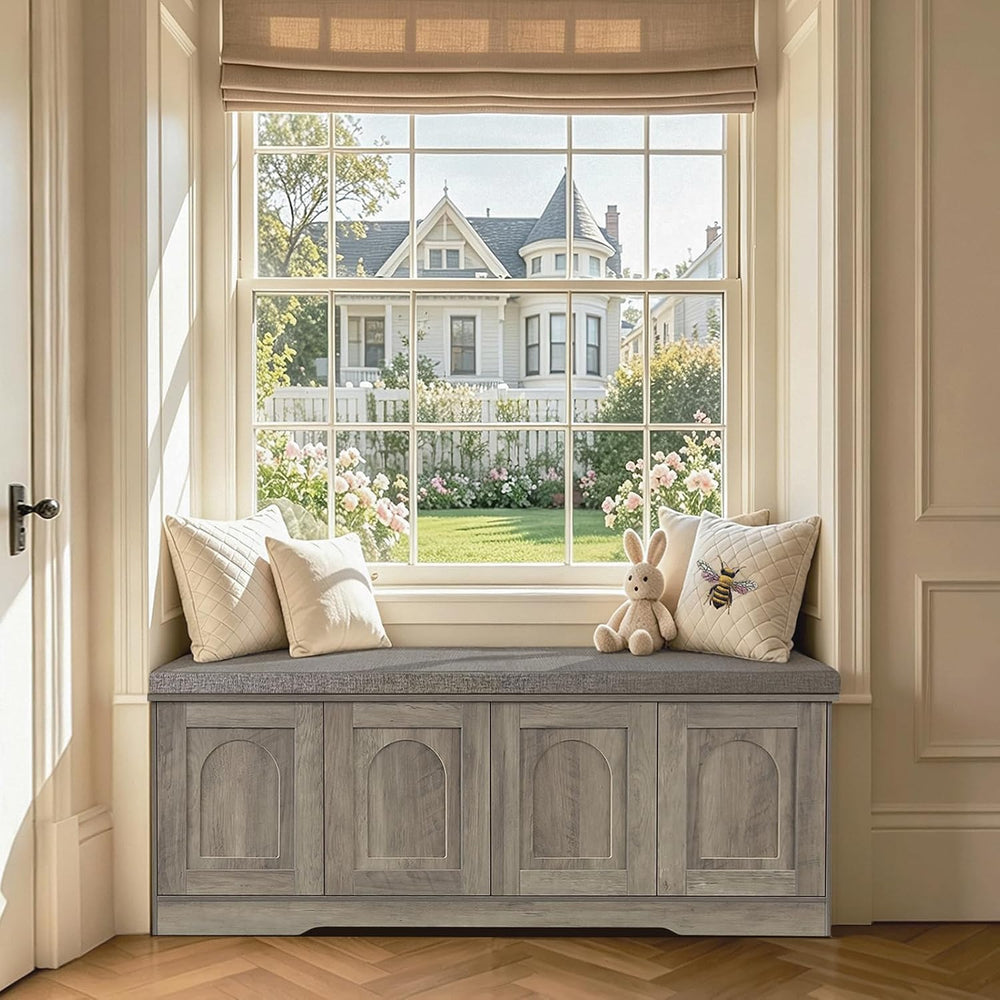 DINZI LVJ Shoe Bench, Entryway Storage Bench with Doors, Cushion, 2-Tier Shoe...