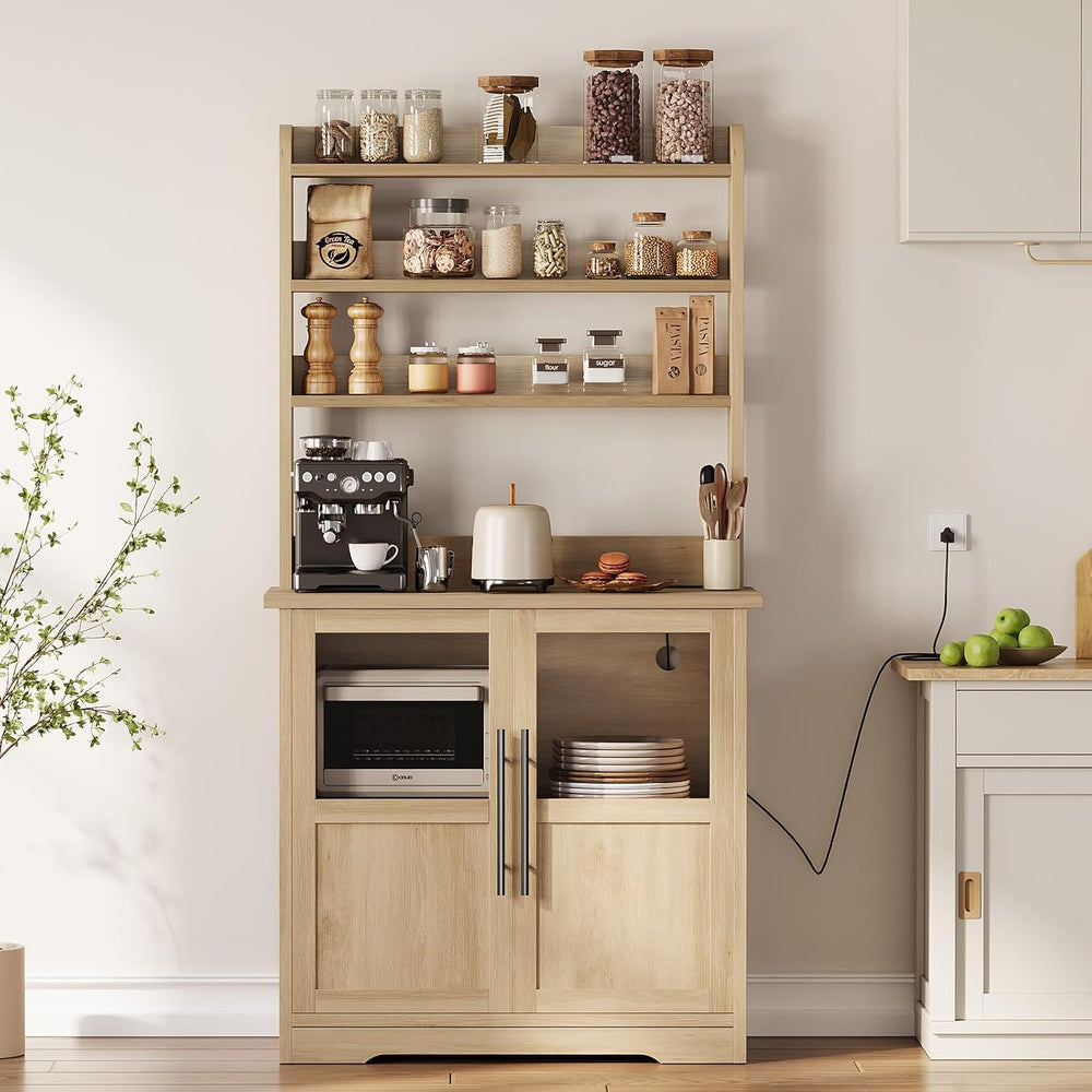 IDEALHOUSE Bakers Rack with Storage Cabinet, Microwave Stand with Power Outle...