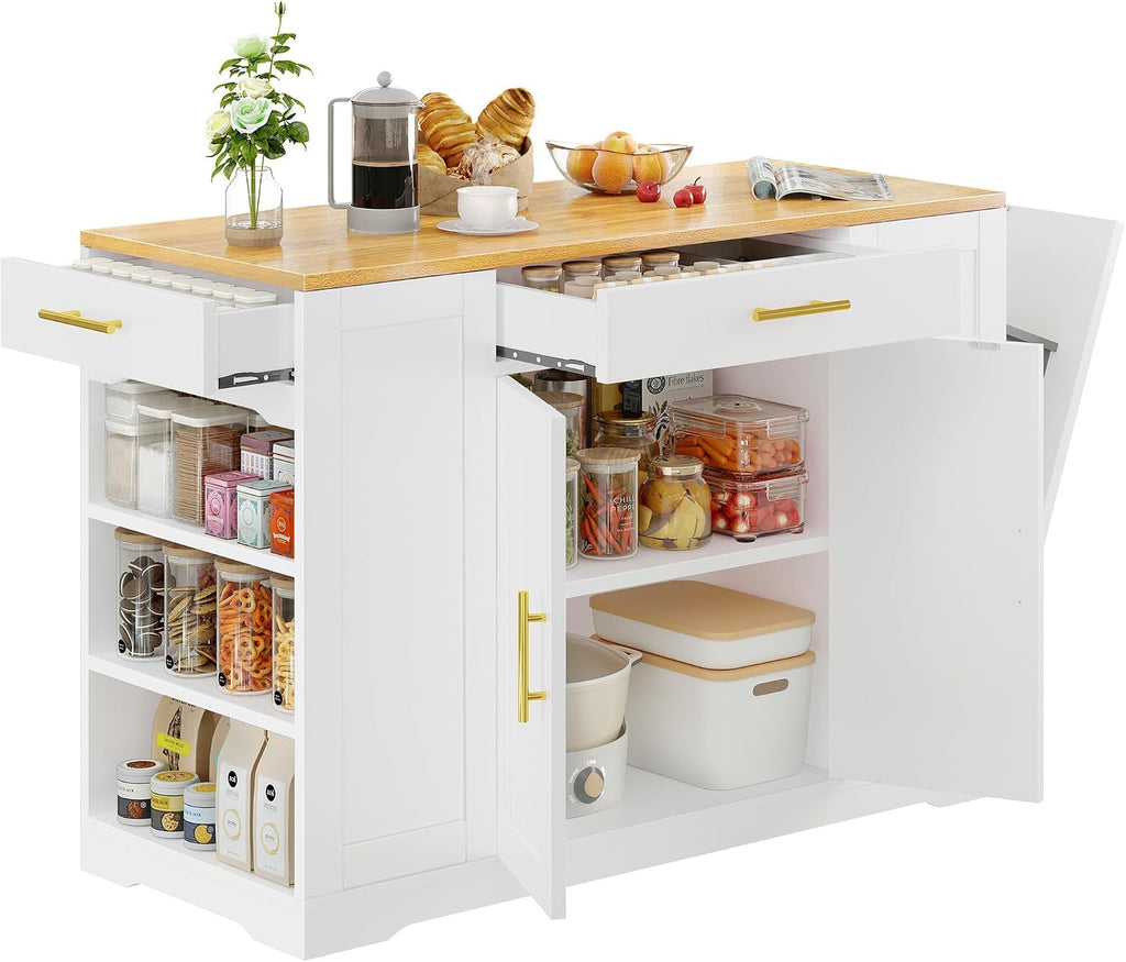 DWVO Large Kitchen Island with Trash Can Cabinet | 53 Inch Kitchen Island on Wheels, Rolling Island with Tilt‑Out Garbage Storage Fits 13 Gallon Bin