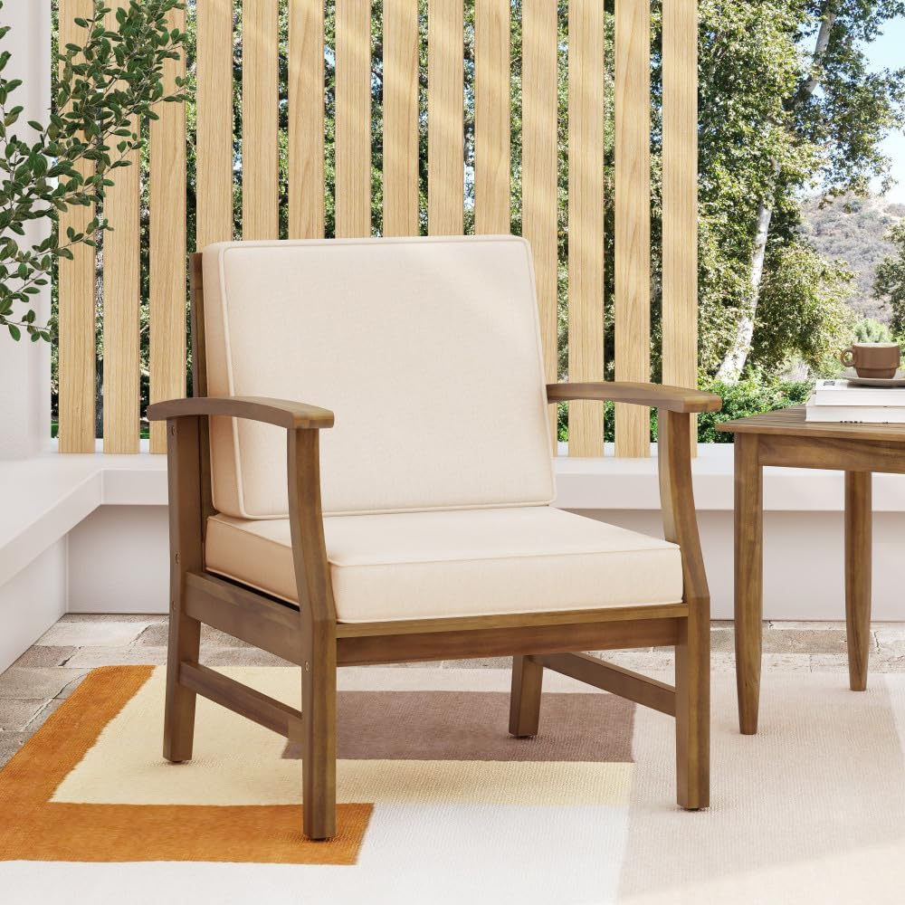 Weatherproof Acacia Wood Outdoor Arm Chair with Beige Cushions, Indoor & ...