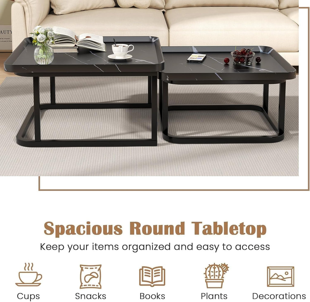 Nesting Coffee Table Set of 2, 23.6"+19.7" Nesting Tables,Small Square Coffee Table with Fluted,Center Table for Living Room Bedroom Office Balcony Yard (Black)