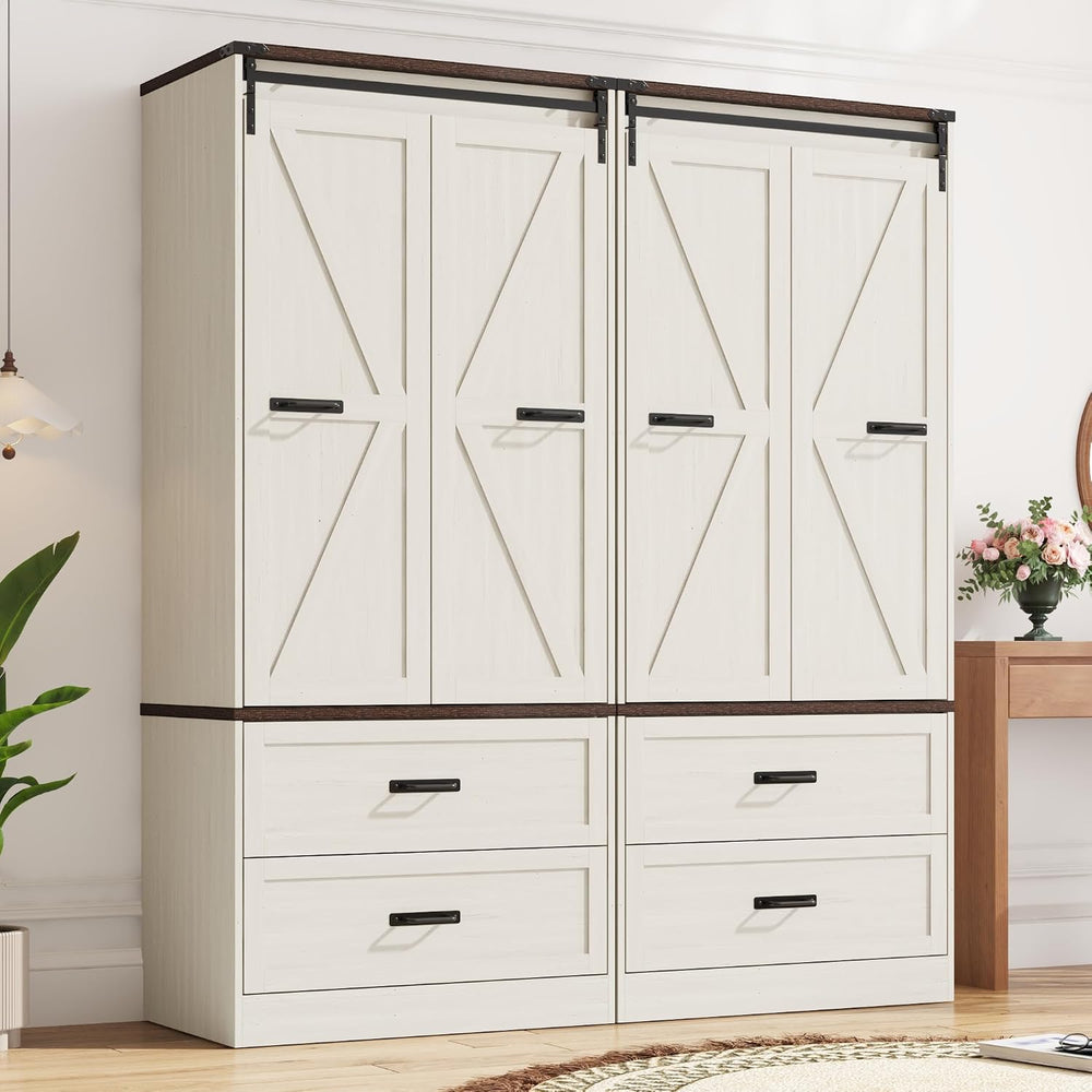 Farmhouse Wardrobe Armoire Closet with 4 Doors and 4 Drawers, 72" Wooden...