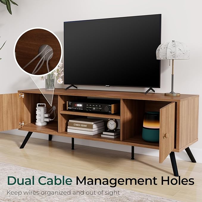 COMHOMA TV Stand for Living Room, Mid Century Modern Entertainment Center for 55/60/65 Inch TVs, Retro Brown TV Console with Fluted Door Cabinets and Open Adjustable Shelve Storage for Bedroom (53In)