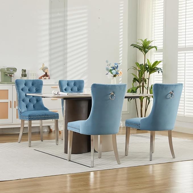 Luxury Upholstered Dining Chairs Set of 2, Light Blue Kitchen Chair with Silver Metal Legs, Velvet Tufted Back Dining Chair, Sillas de Comedor, Modern Kitchen & Dining Room Chairs (Light Blue, 2 Pcs)