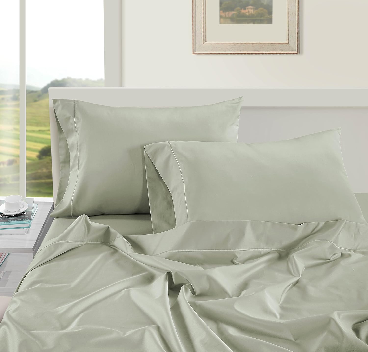 LANE LINEN Pillows Standard Size Set of 2 Soft 100% Egyptian Cotton Sateen 1000 Thread Count Cool & Smooth Pillowcases Queen - Mineral