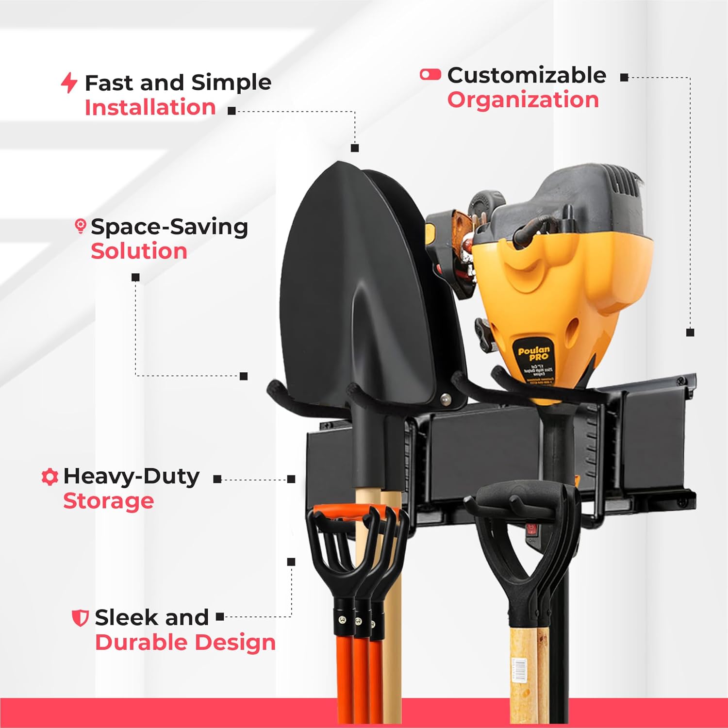 TIDYME Garage Wall Organizer | 96" Heavy-Duty Tool Storage Rack | Adjustable Double-Layer Hooks | 600 lbs Capacity | Carbon Steel Wall Mount Holder for Shovels, Rakes, Ladders & Power Tools