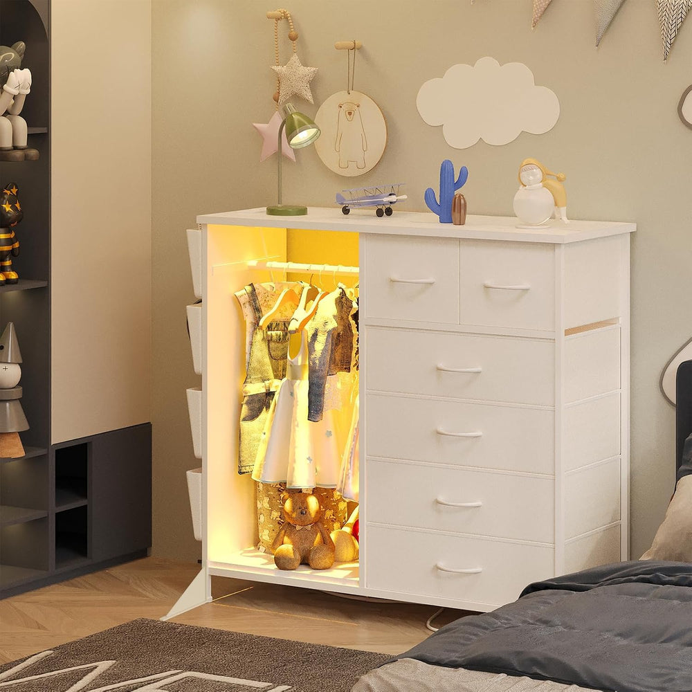 6 Drawer Dresser for Bedroom with Clothes Rack, Clothes Dresser with Side Poc...