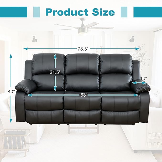 Recliner Sofa Set Couches for Living Room Chair Semi PU Fabric Living Room Furniture Sets, Adjusted Loveseat Reclining Couch Furniture Sofa Set for Theater Seating, 3-Seater, Black