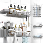 Shower Caddy Adhesive Shower Organizer 7-Pack, Rustproof Stainless Steel Bathroom Shelves, Large Capacity No-Drill Rack Storage Accessories with Soap Dish Toothbrush Holder Hooks (Silver)