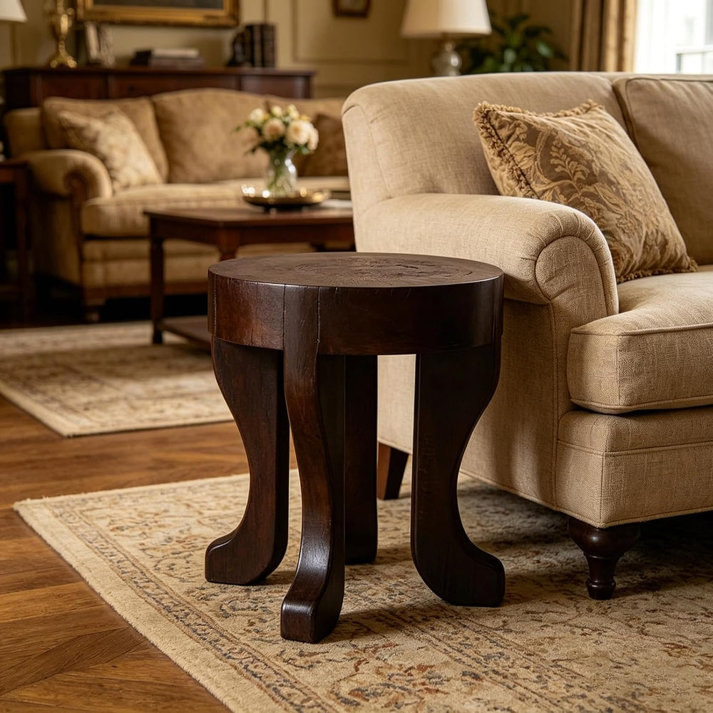 Rustic Round Wooden End Table, 13.5" H Dark Brown Solid Wood Accent Side...