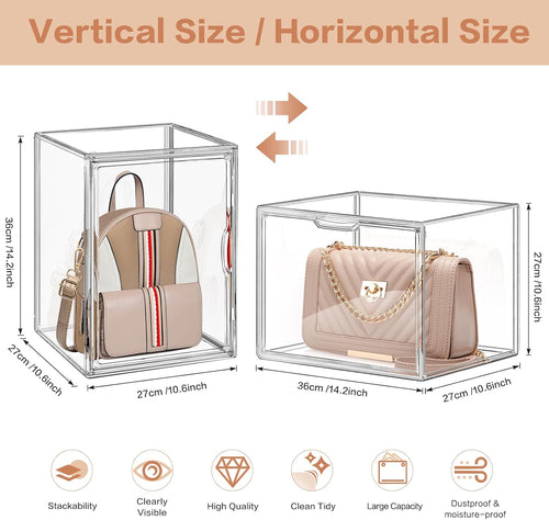 4 Packs Clear Handbag Storage Organizer for Closet, Acrylic Display Case for Purse Handbag, Stackable Purse Organizer Storage Box with Magnetic Door for Wallet Book Toys Collectibles