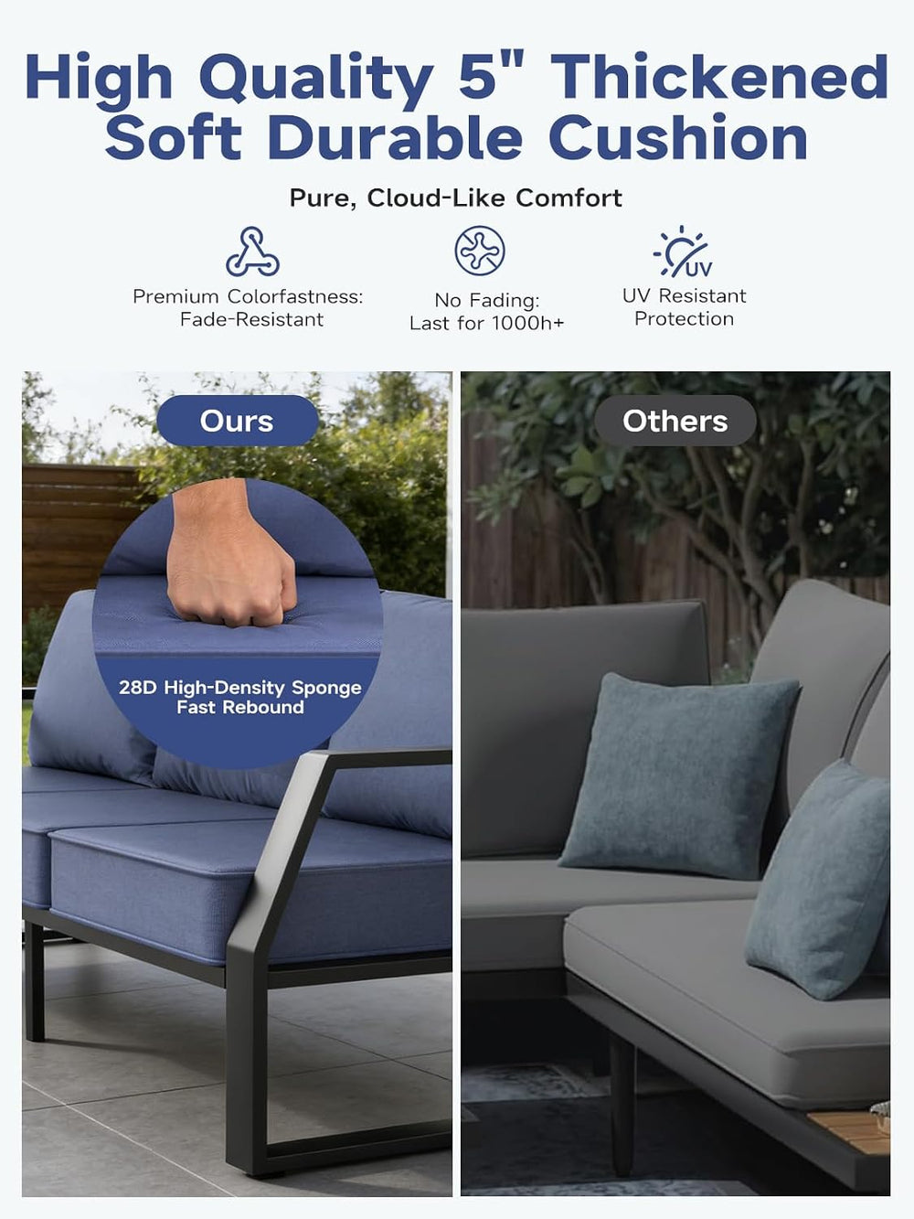 Oversized Outdoor Modern Patio Sofa for 3, 5" Thick Cushions, Deep Seat ...