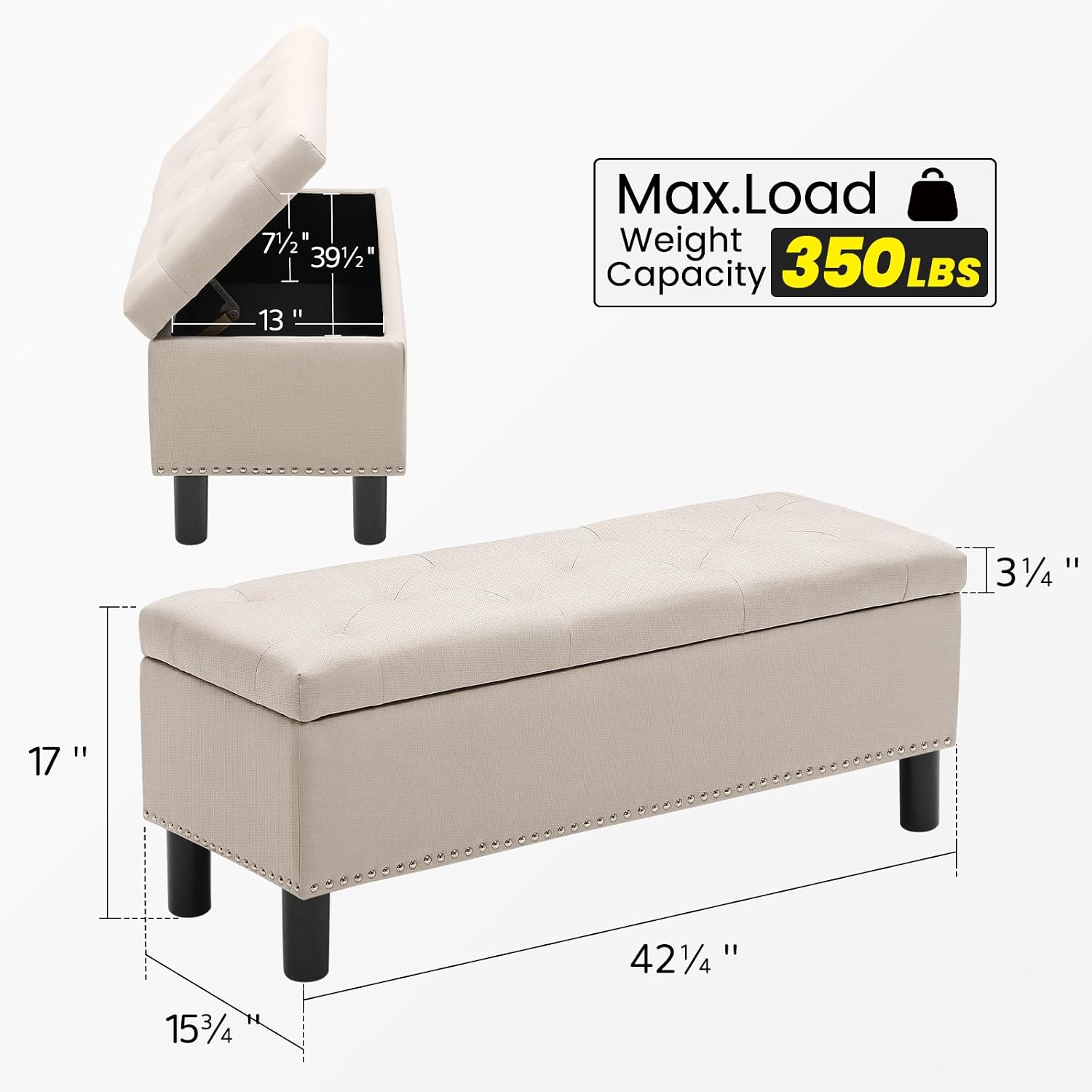 Furniliving 42" Ottoman with Storage, End of Bed Bench with Button-Tufted Large Upholstered Storage Ottoman Entryway Bench Storage Bench for Bedroom, Living Room, Linen, Beige