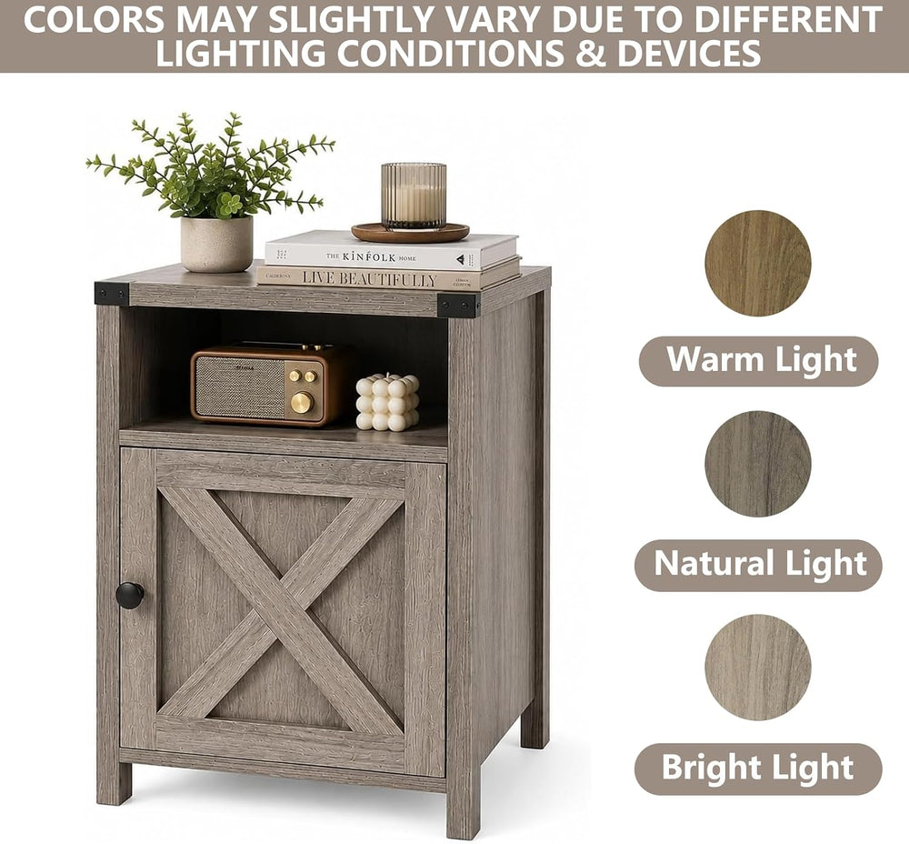 Farmhouse End Table, Nightstand with Barn Door and Shelf,Grey Wash | End Tabl...