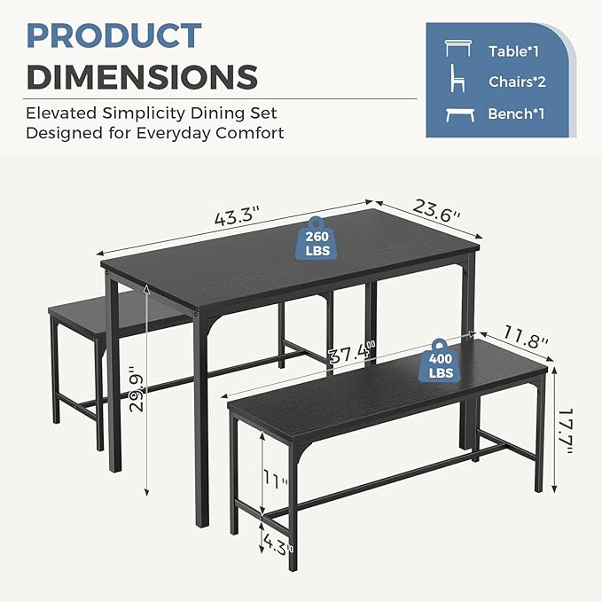 DUMOS Dining Table Set, Dining Table for 4 with Bench, Kitchen Table, Space-Saving Ideal 4-Person Set for Dining Room Kitchen Apartment Corner Black 3 Pack