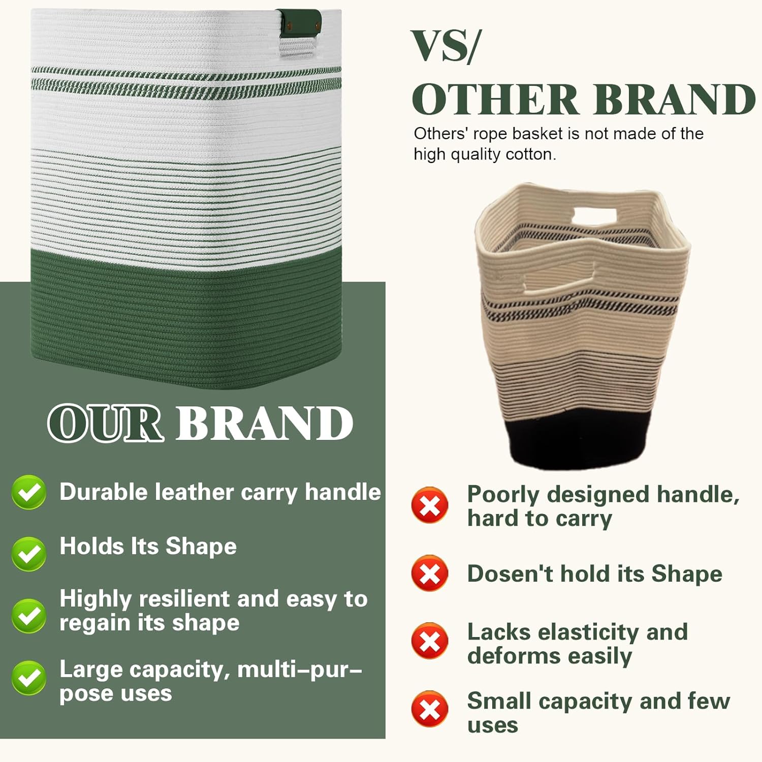 Laundry Hamper, 85L Tall Laundry Basket with Leather Handles, Rectangle Large Clothes Hamper for Organizing, Cotton Woven Laundry Baskets Storage Hampers for Bedroom, Nursery, Living Room