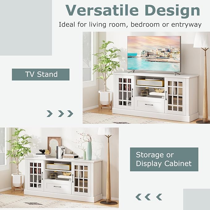 GOFLAME Farmhouse TV Stand for TVs up to 70", Entertainment Media Center Storage Cabinet with Glass Doors, Open Shelves & Drawer, Wooden Television Console Table for Living Room (White)