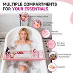 Foldable Bathtub Caddy Tray, Bamboo Bath Tub Tray Table for Tub with Wine Glass Holder Book Phone Tablet Holder with Extending Sides, Adjustable Bathroom Bathtub Free Soap Holder Gift Idea (Pink)