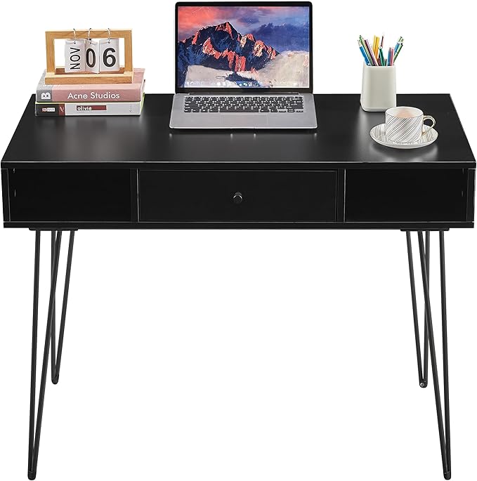 VECELO 39.3" Home Office Work Table with Drawers,Computer Desk with Hairpin Leg for Writing/Study,Black